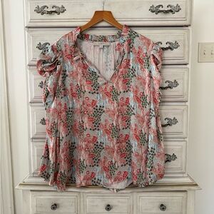 Loft Patchwork Ruched Puff Sleeve Blouse Top